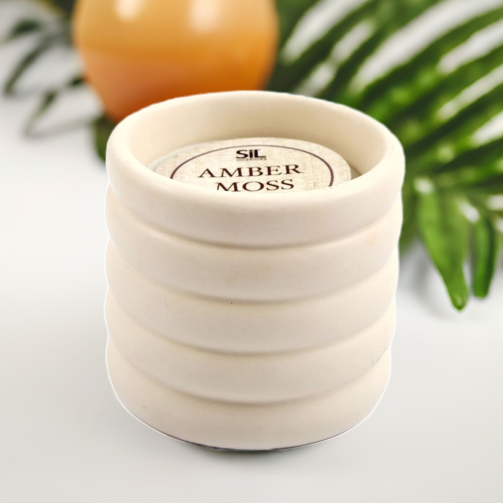 12cm Cream Ribbed Amber Moss Candle