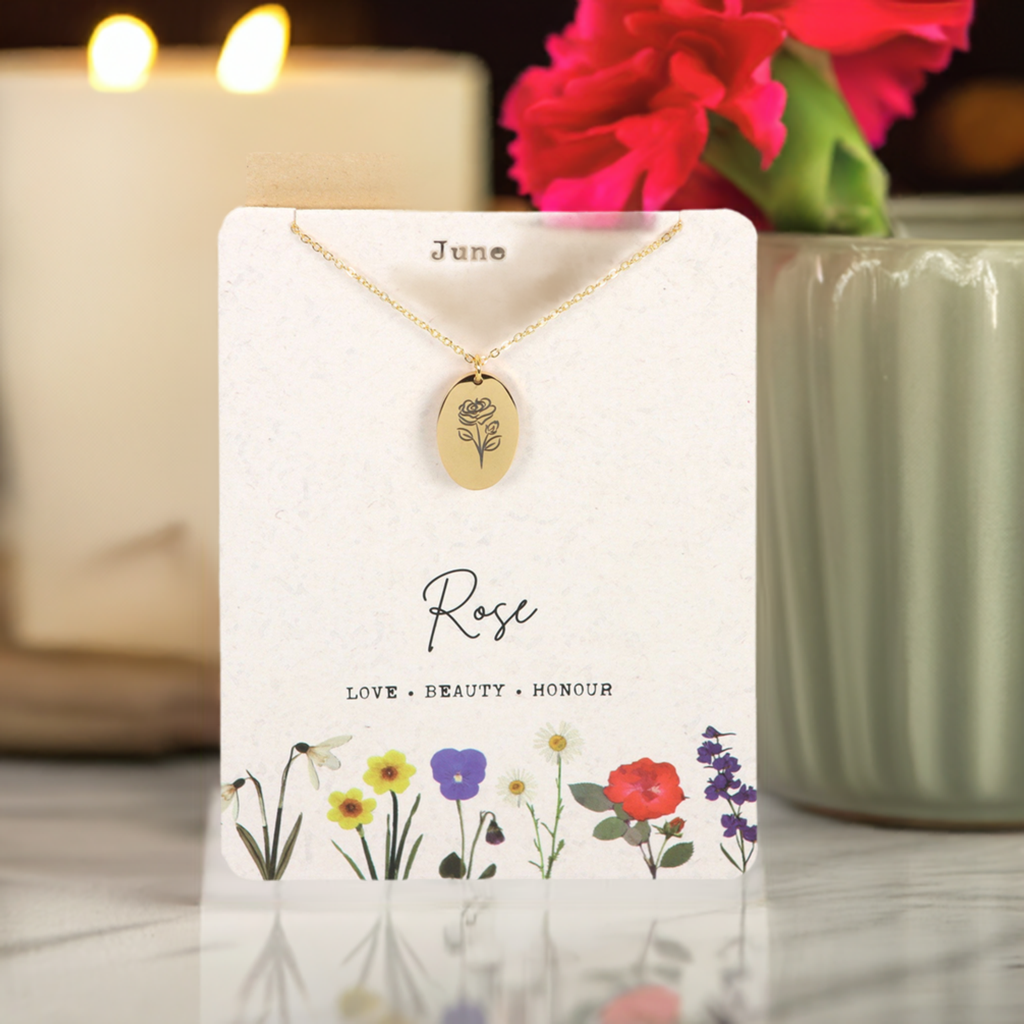 June Rose Birth Flower Necklace Card