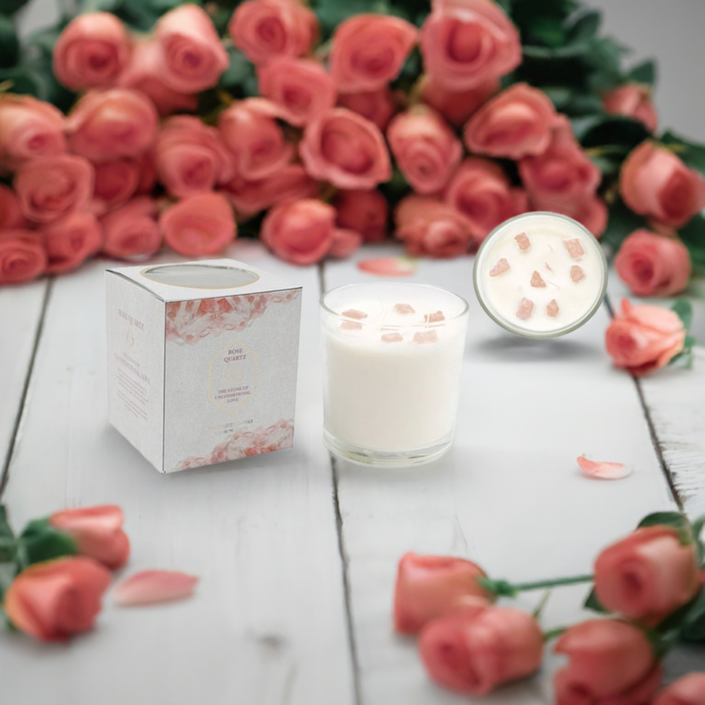 12cm Rose Eucalyptus Candle with Rose Quartz Crystals