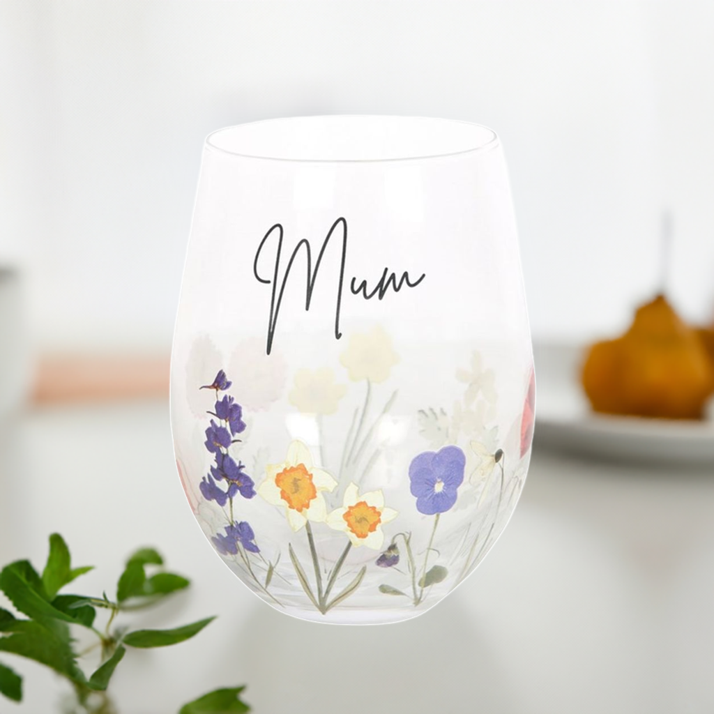 Stemless Glass with wildflowers and word Mum