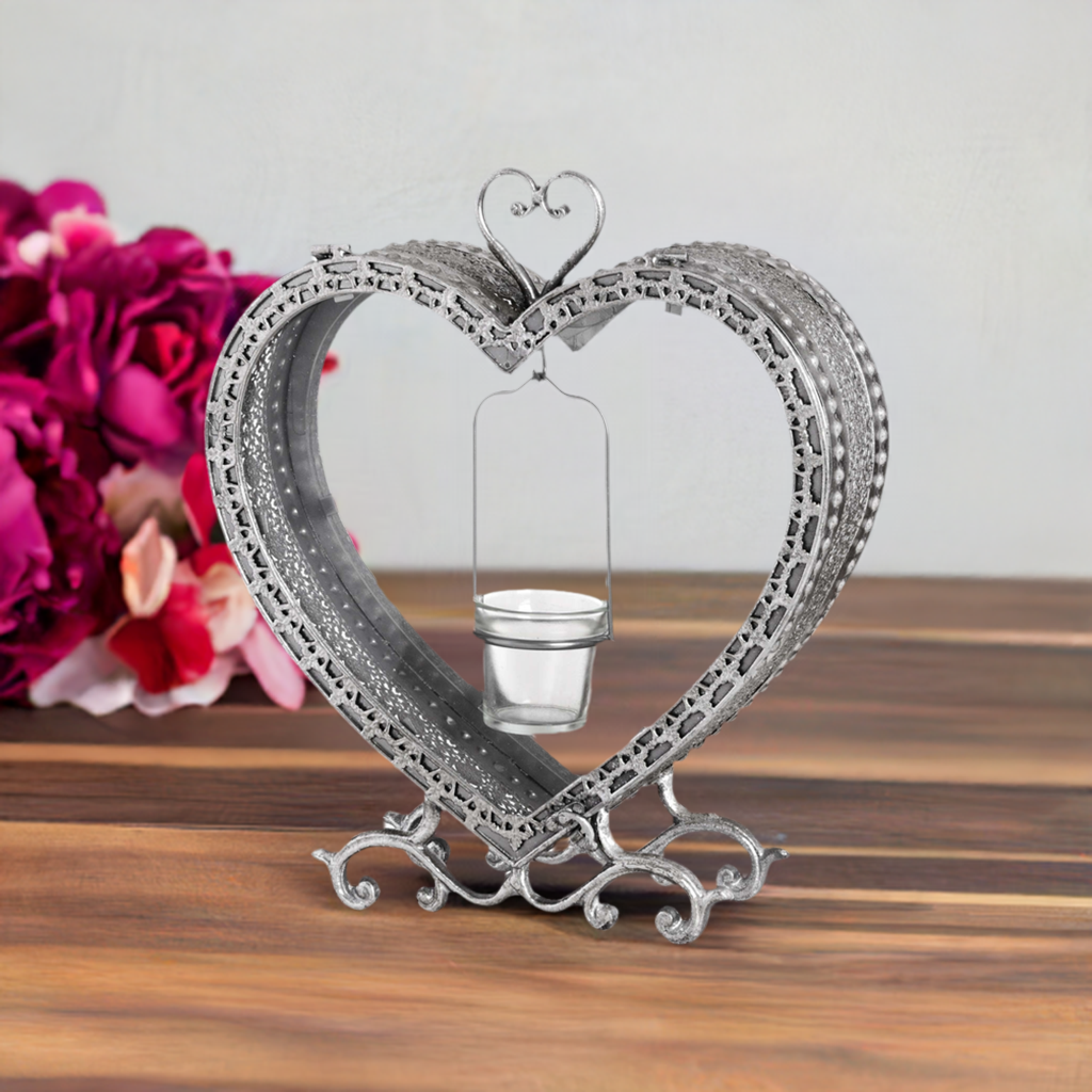 Free Standing Heart Tealight Lantern in Antique Silver