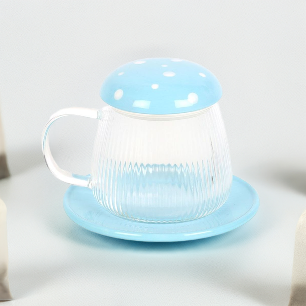 Blue Glass Mushroom Mug and Saucer