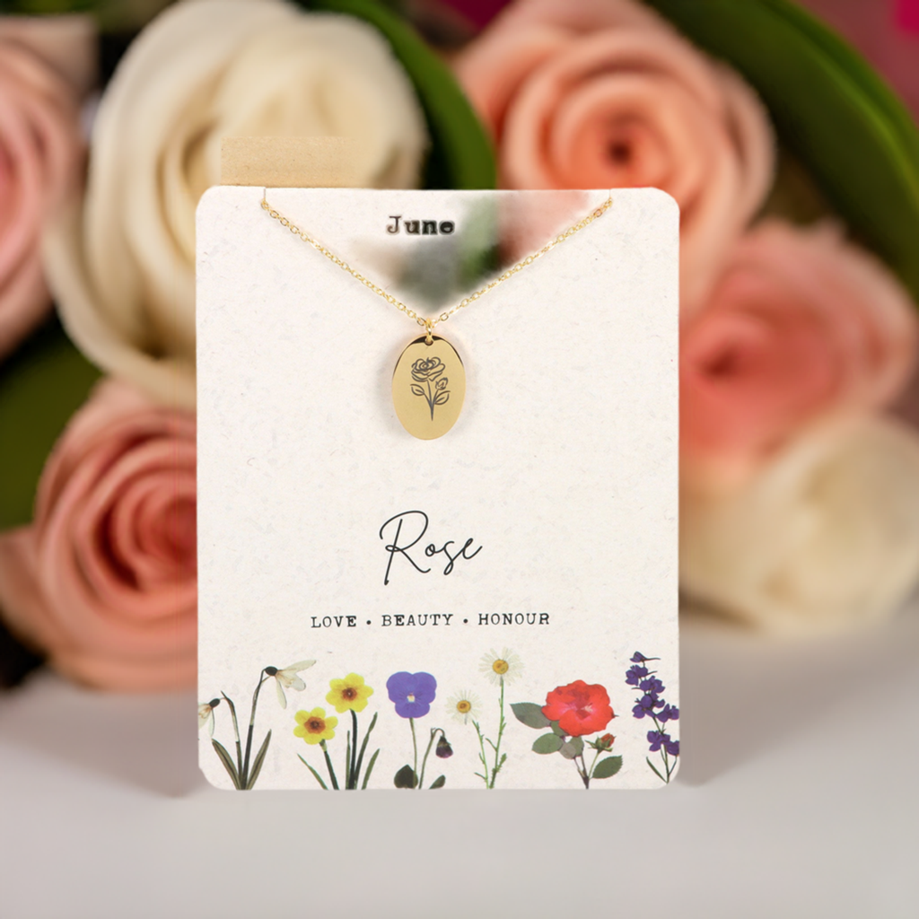 June Rose Birth Flower Necklace Card