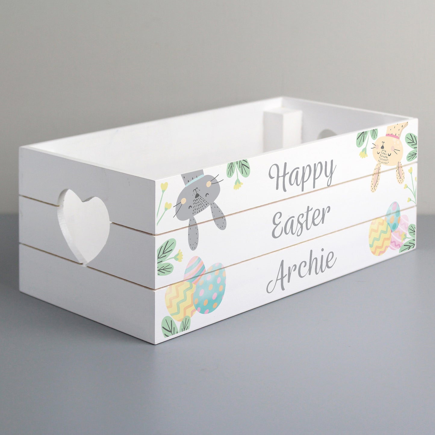 White wooden crate with Easter design