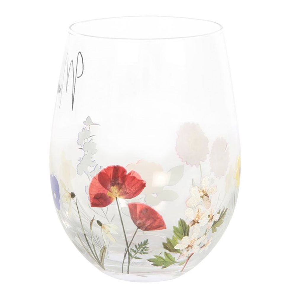 Stemless Glass with wildflowers and word Mum