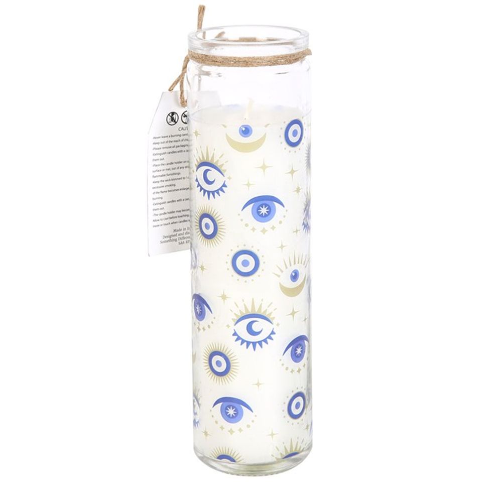 A tall tube candle with all seeing eye design