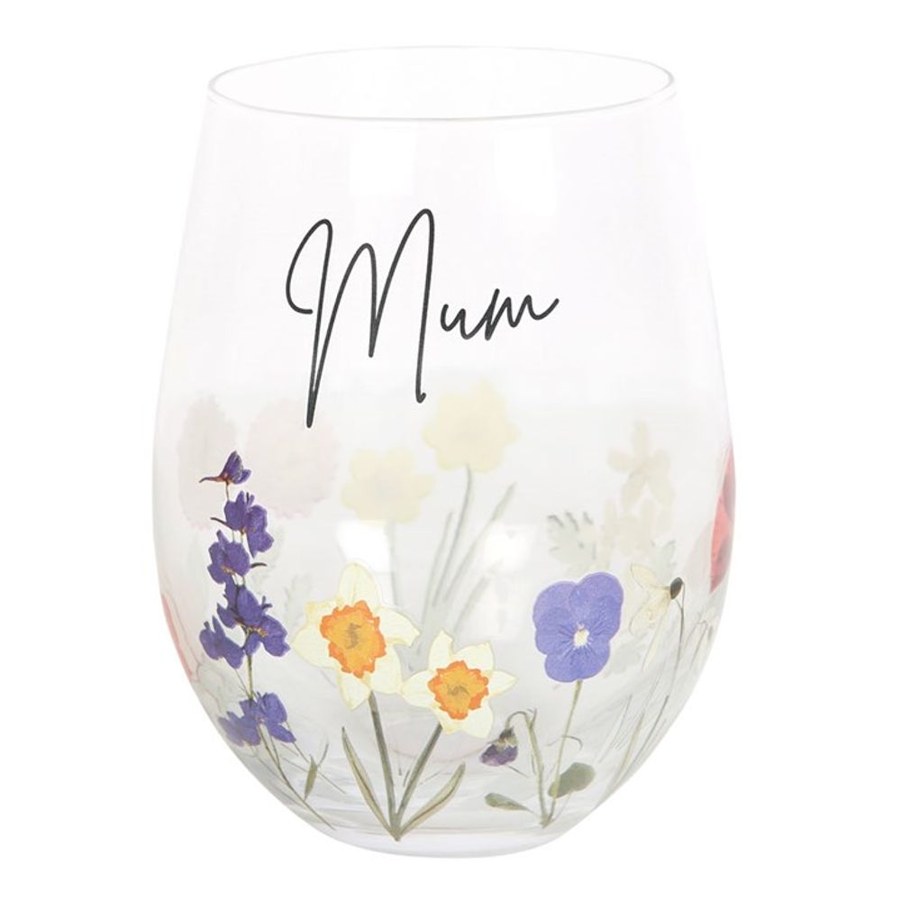 Stemless Glass with wildflowers and word Mum