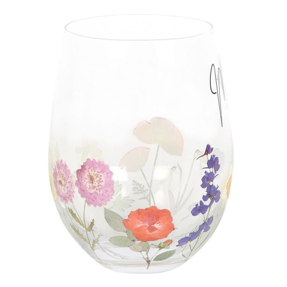 Stemless Glass with wildflowers and word Mum