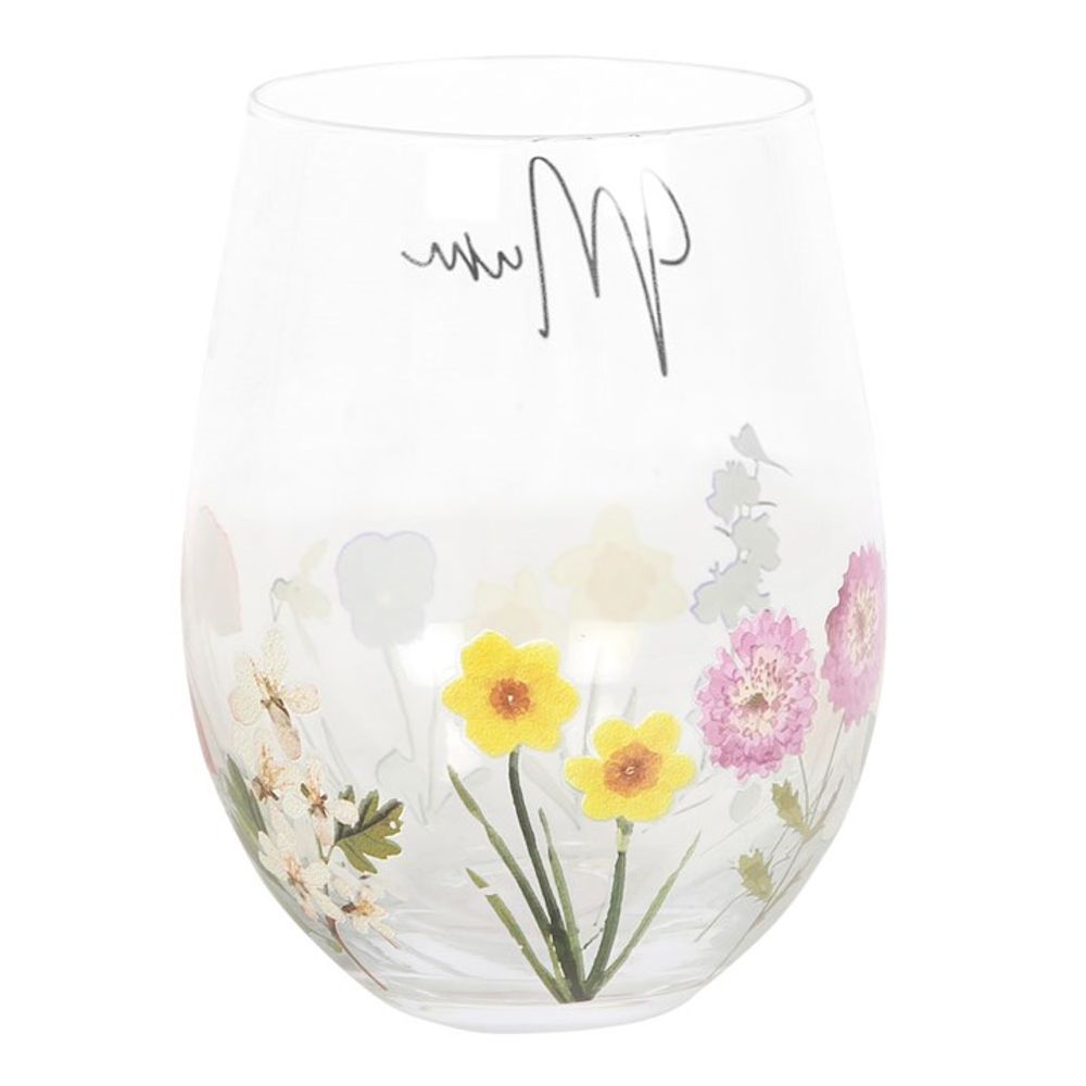 Stemless Glass with wildflowers and word Mum